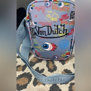Von Dutch Grey Graphic Messenger Bag with Blue Strap